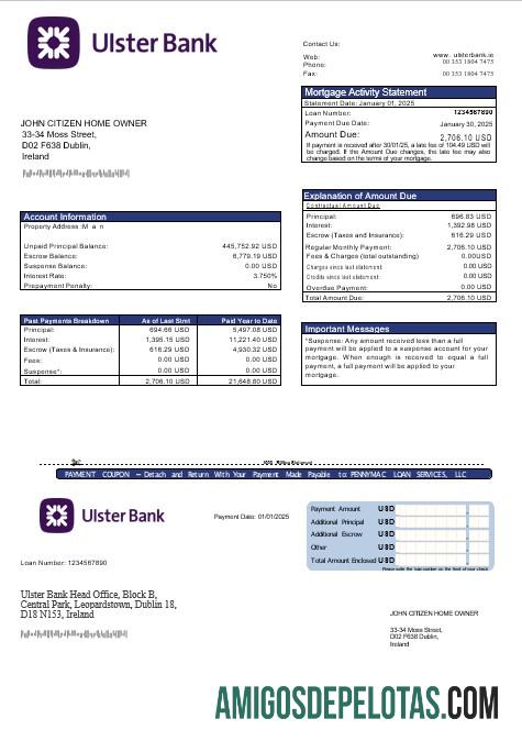 Extrato de hipoteca do Ulster Bank da Irlanda em formatos Word e PDF exemplo